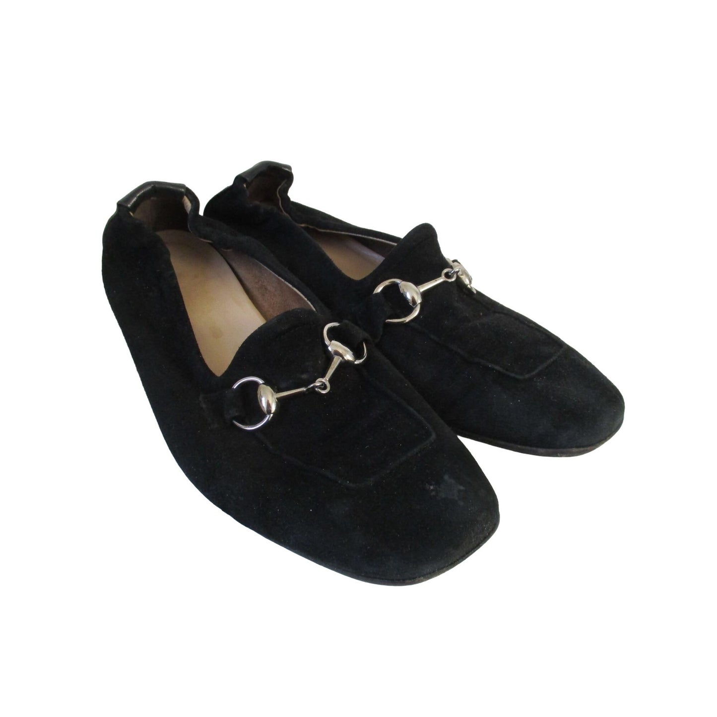 Barney's black suede & leather size 8 car shoes loafers with chrome horse-bit accents