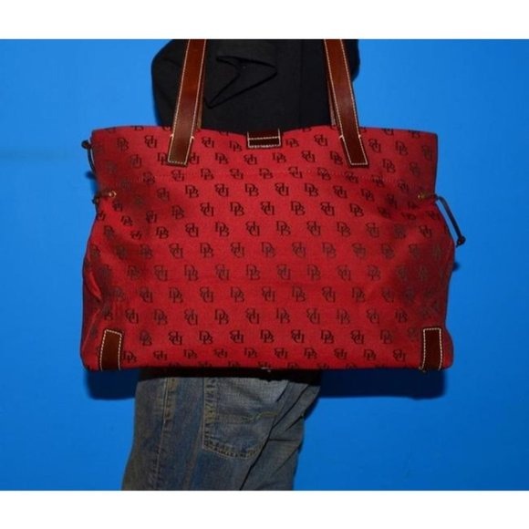 Dooney And Bourke Dark Red And Brown Canvas DB Logo Print Purse