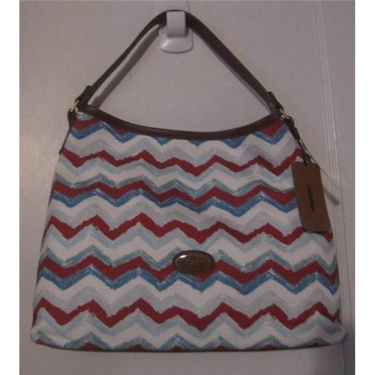 AMAZING, Missoni, NWT, red/white/blue chevron print canvas and tan leather shoulder bag