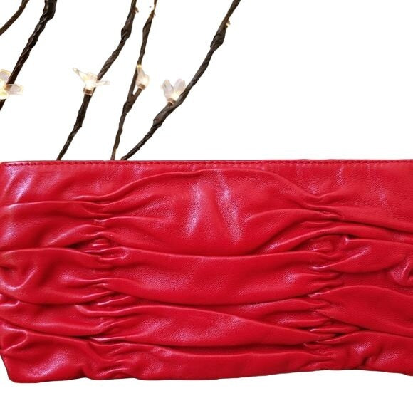 Michael Kors, red ruched leather, expandable clutch with chrome hardware & exterior pockets