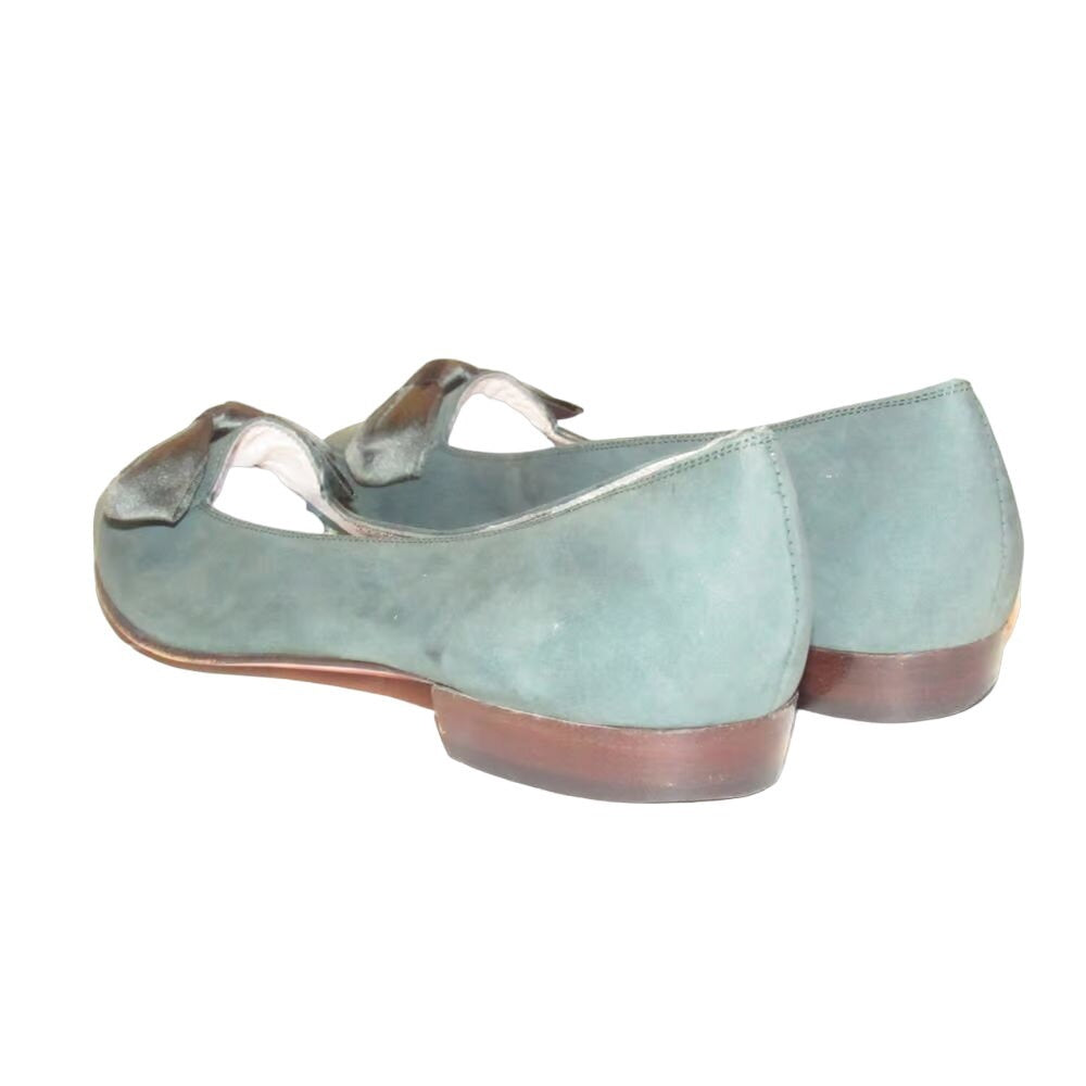 Salvatore Ferragamo 7.5N green suede flats w XL silk bows