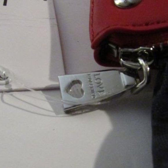 AMAZING, NWT, Moschino, true red leather, retro, clutch or cosmetic bag with chrome studs, a zip top closure, an XL engraved chrome zipper fob, and polished chrome hardware