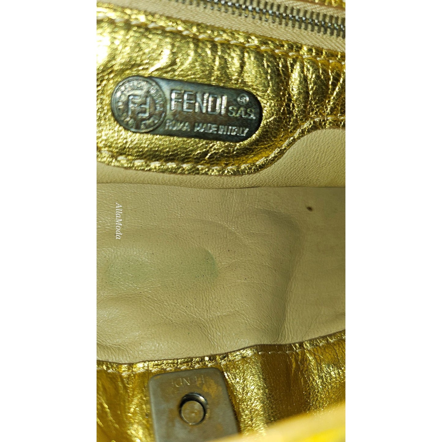 Fendi gold reptile tote with chrome FF accents