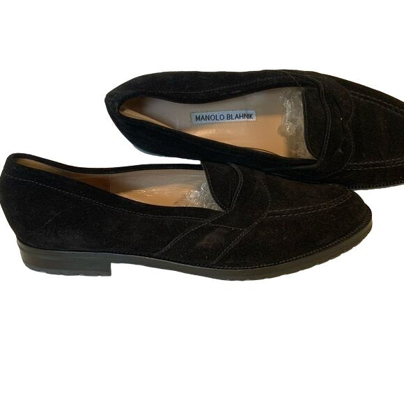 Manolo Blahnik Black Suede Loafer Almond Toe Flats