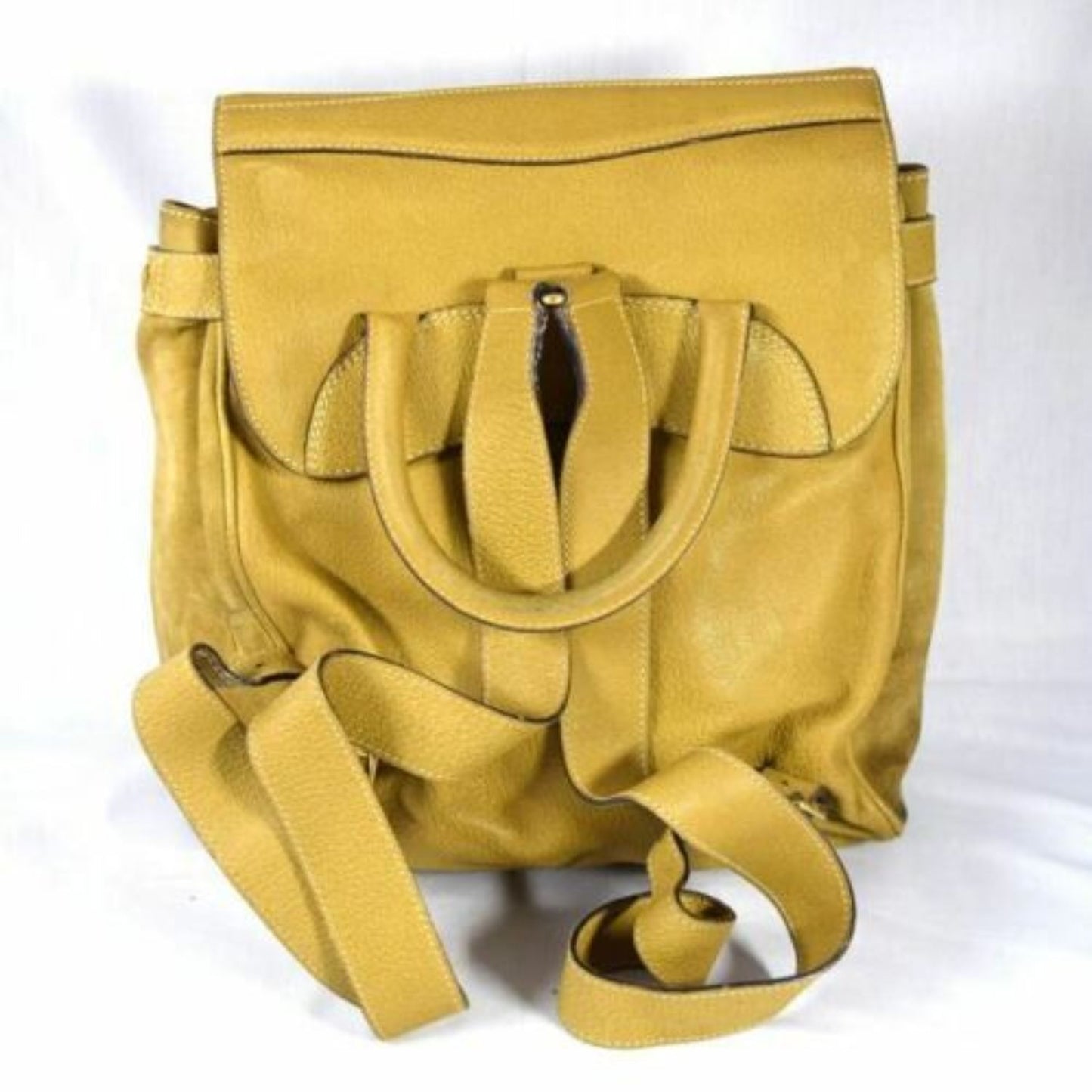 RARE, Gucci, Stirrup style camel suede and leather saddle bag top backpack or messenger bag with a gold stirrup accent