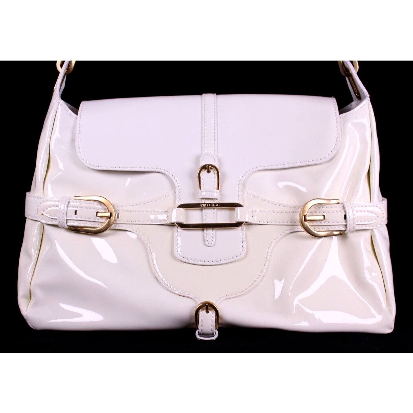 Jimmy Choo pale yellow glossy leather shoulder bag with gold hardware & belted sides