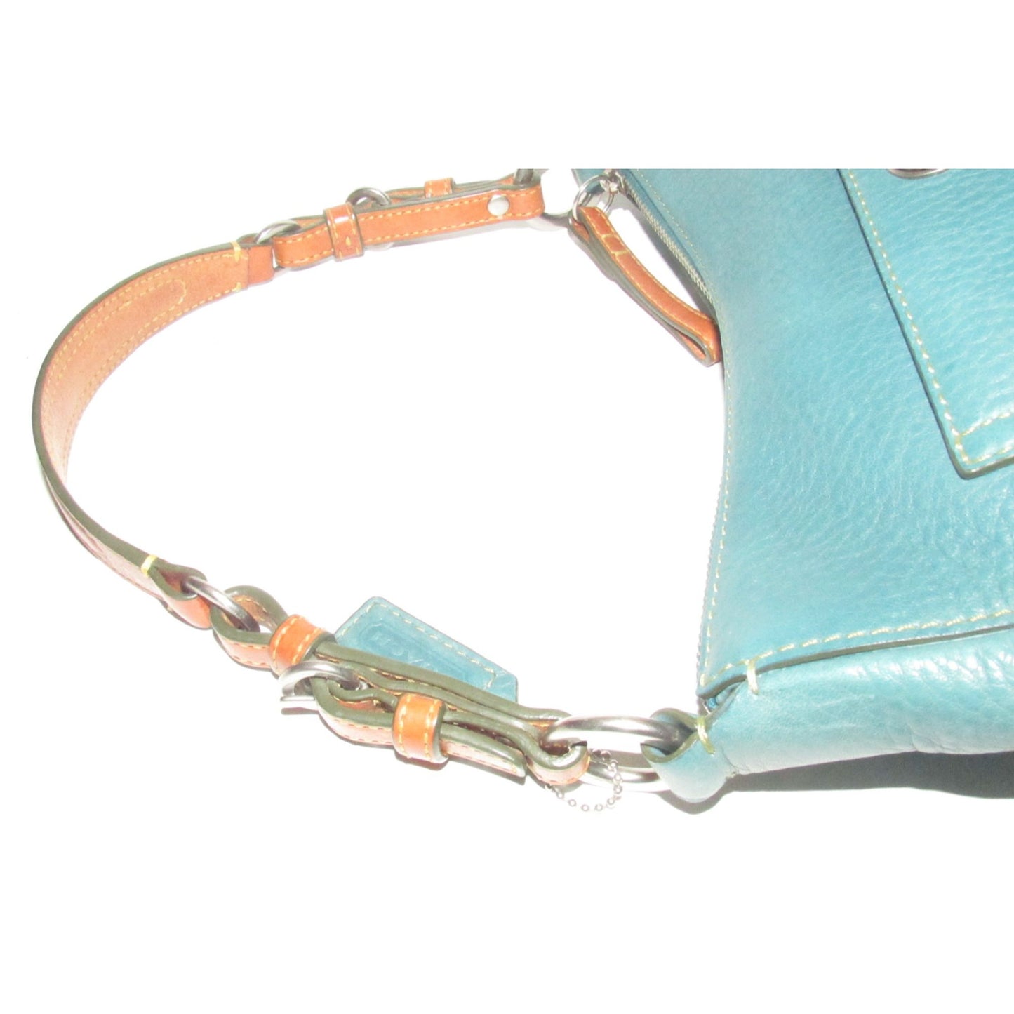 Coach, 'Chelsea' hobo, in a teal soft leather, hobo style purse with a brown, strap with unique chrome buckles