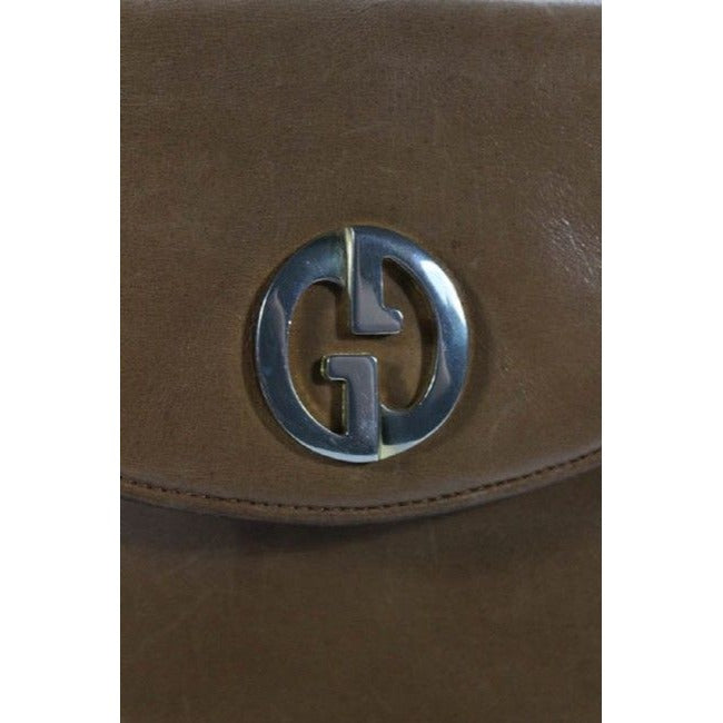 Gucci 1973 camel leather handbag w gold GG & lots of room