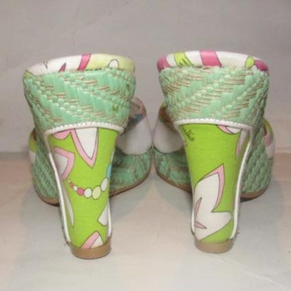 Pucci White Leather & Colorful Floral Mule Wedges!