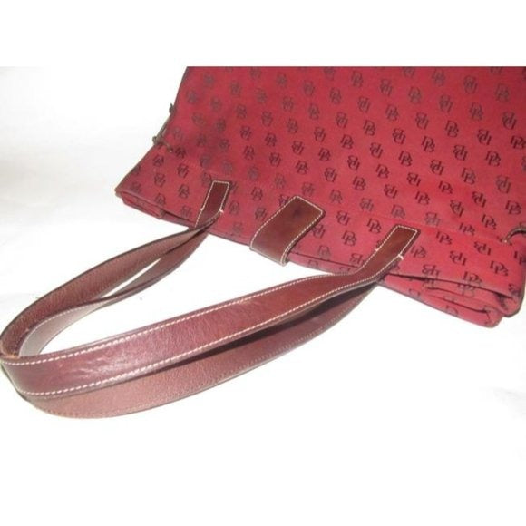 Dooney And Bourke Dark Red And Brown Canvas DB Logo Print Purse