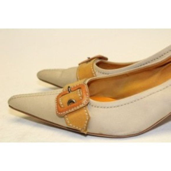Miu Miu, size EU 39.5/9.5B US, khaki canvas and orange leather, squared, pointy toe, heels with 2" kitten heels, square, orange leather and chrome buckles, wood look heels, and chrome hardware