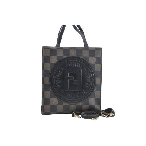 Vintage, Fendi, Roma 1925, checkerboard print in shades of brown coated canvas & brown leather, cross body, tote, or back pack