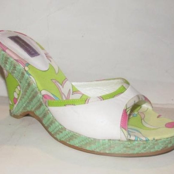 Pucci White Leather & Colorful Floral Mule Wedges!
