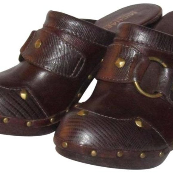 Michael Kors Brown Leather Gold Rivets Mule Slides