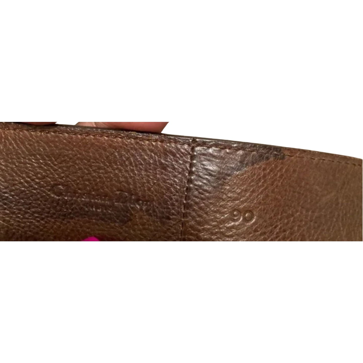 Christian Dior, brown textured leather belt and bold, gold tone metal, open 'D' logo buckle