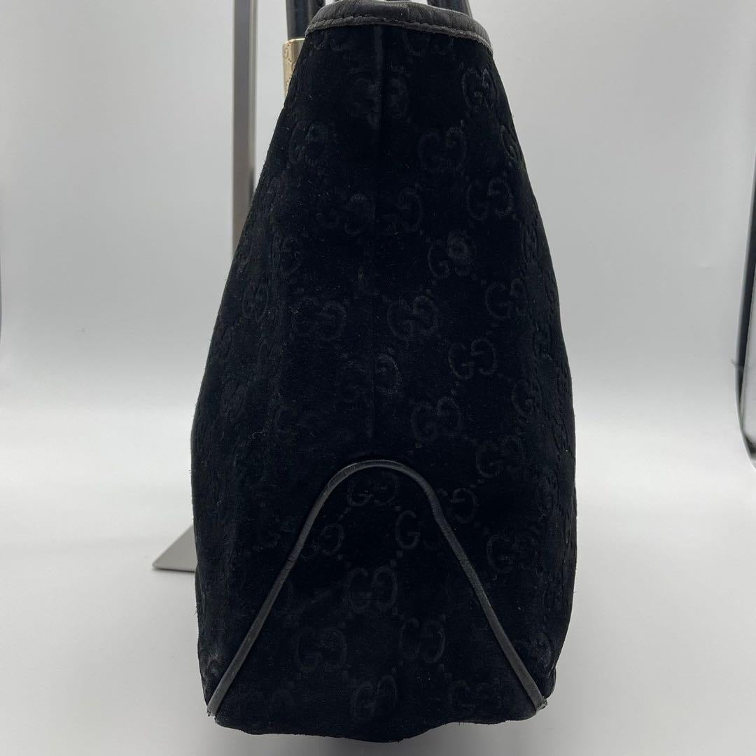 Gucci metallic G on black suede satchel w red & blue stripe