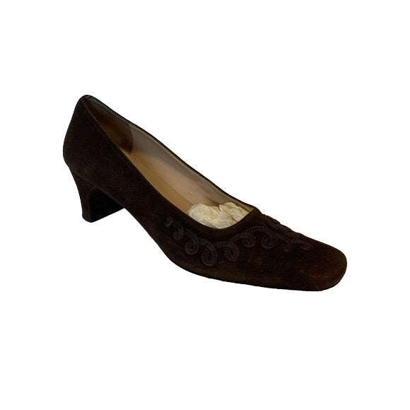 Ferragamo Brown Suede Pumps w Brocade Design