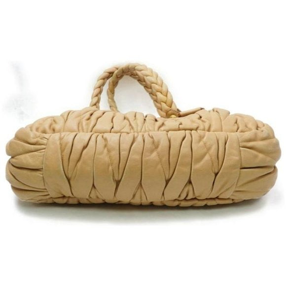 Miu Miu Tan Pleated Matelasse Leather Top Handle Satchel With Locking Clasp & Key