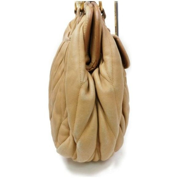 Miu Miu Tan Pleated Matelasse Leather Top Handle Satchel With Locking Clasp & Key