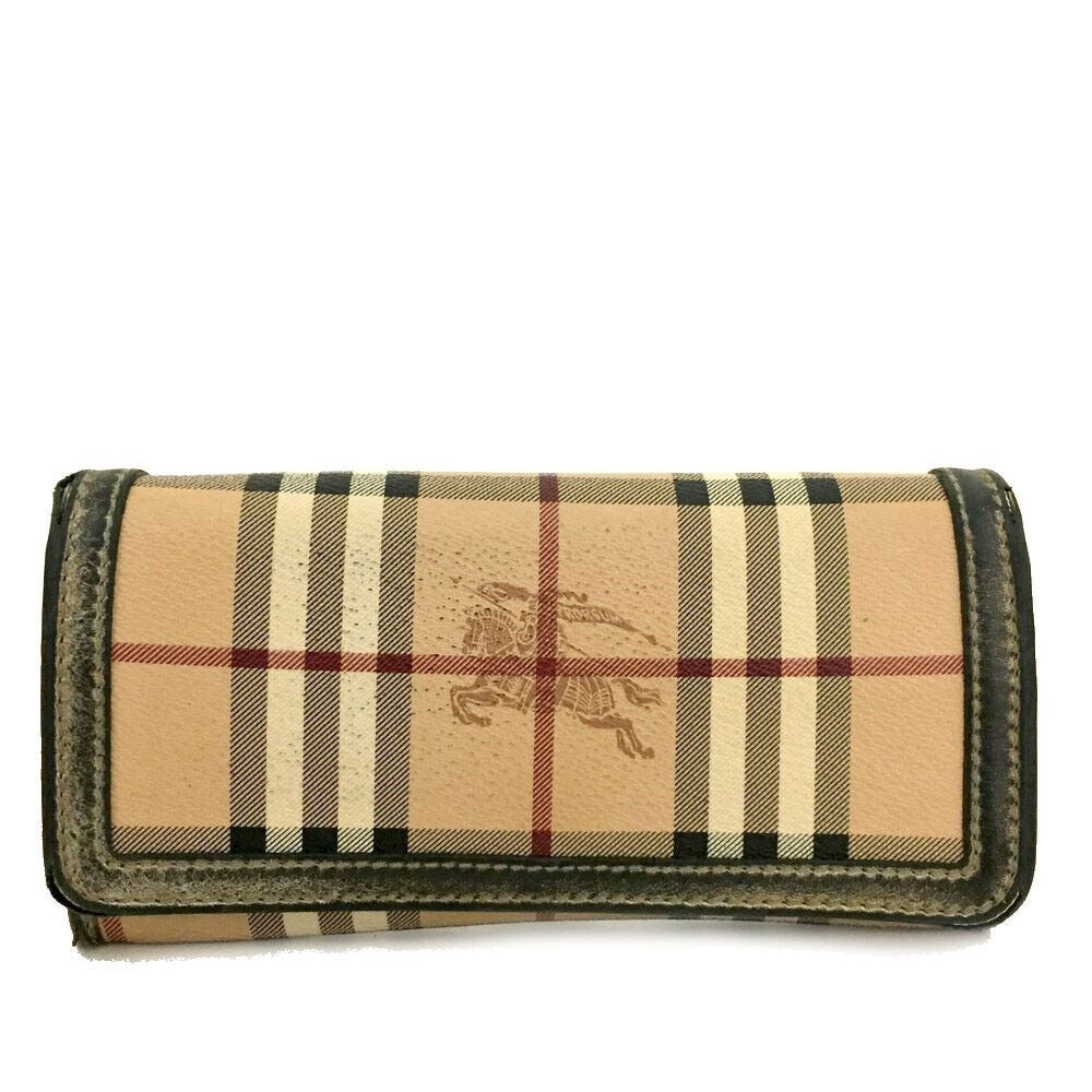Burberry, Nova Check Plaid w knights & pewter leather XL wallet w a zip close change purse, multiple slots & compartments, & chrome hardware