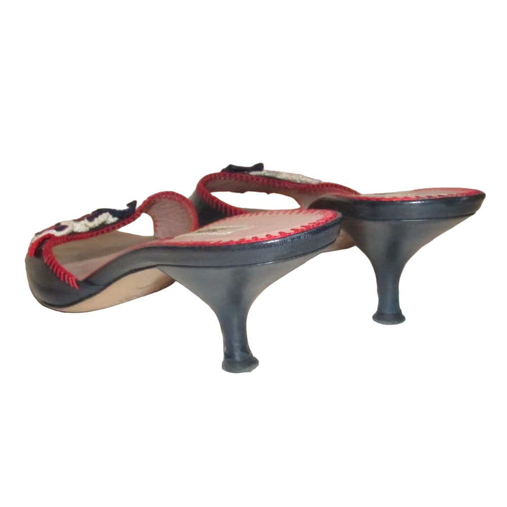 Prada navy & red leather kitten heels w crochet floral accents