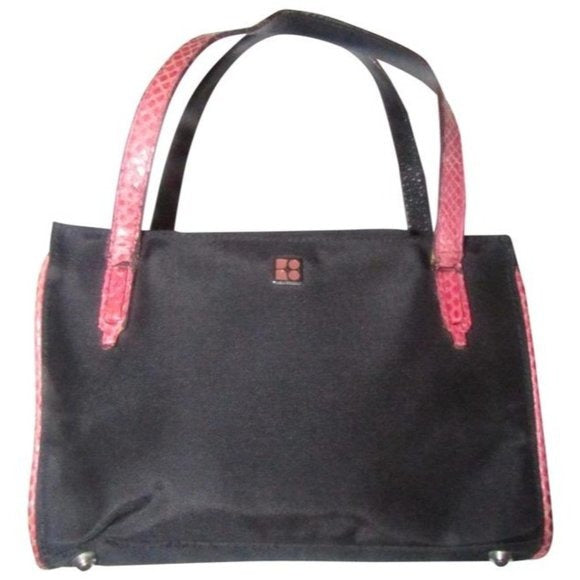 Kate Spade New York, unique, black canvas and pink python embossed leather, petite, satchel style, boxy purse