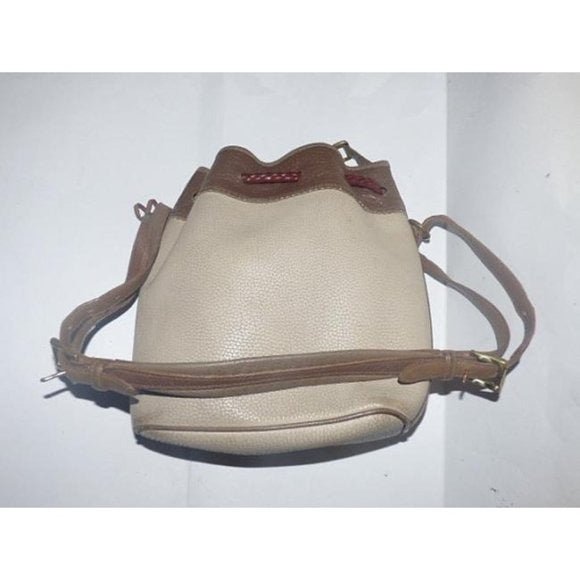 Early Dooney & Bourke, 'Teton' style, taupe, camel, brown leather, large, braided leather, drawstring top, cross body bag