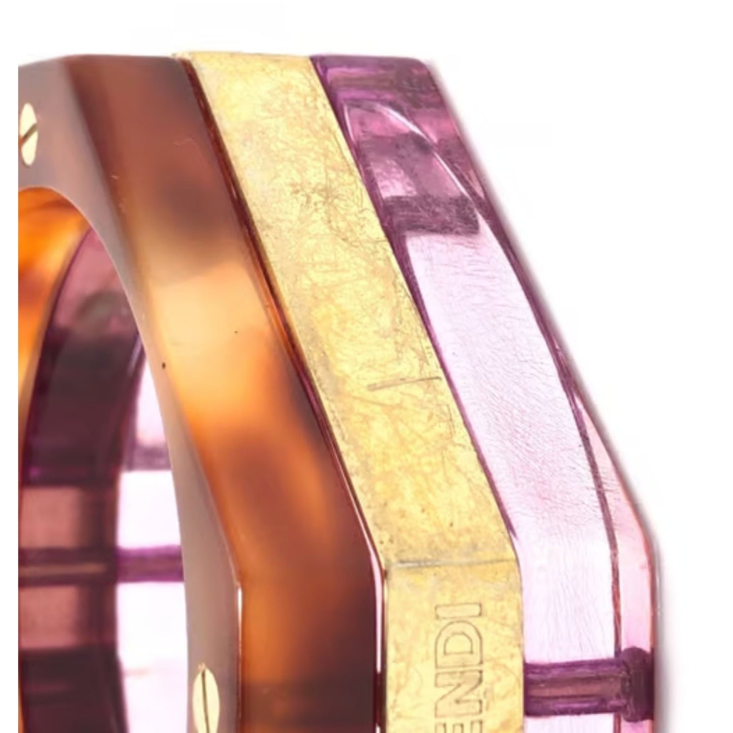 RARE, vintage, Fendi tri-color square resin/Lucite bangle in purple, gold, & tortoise shell