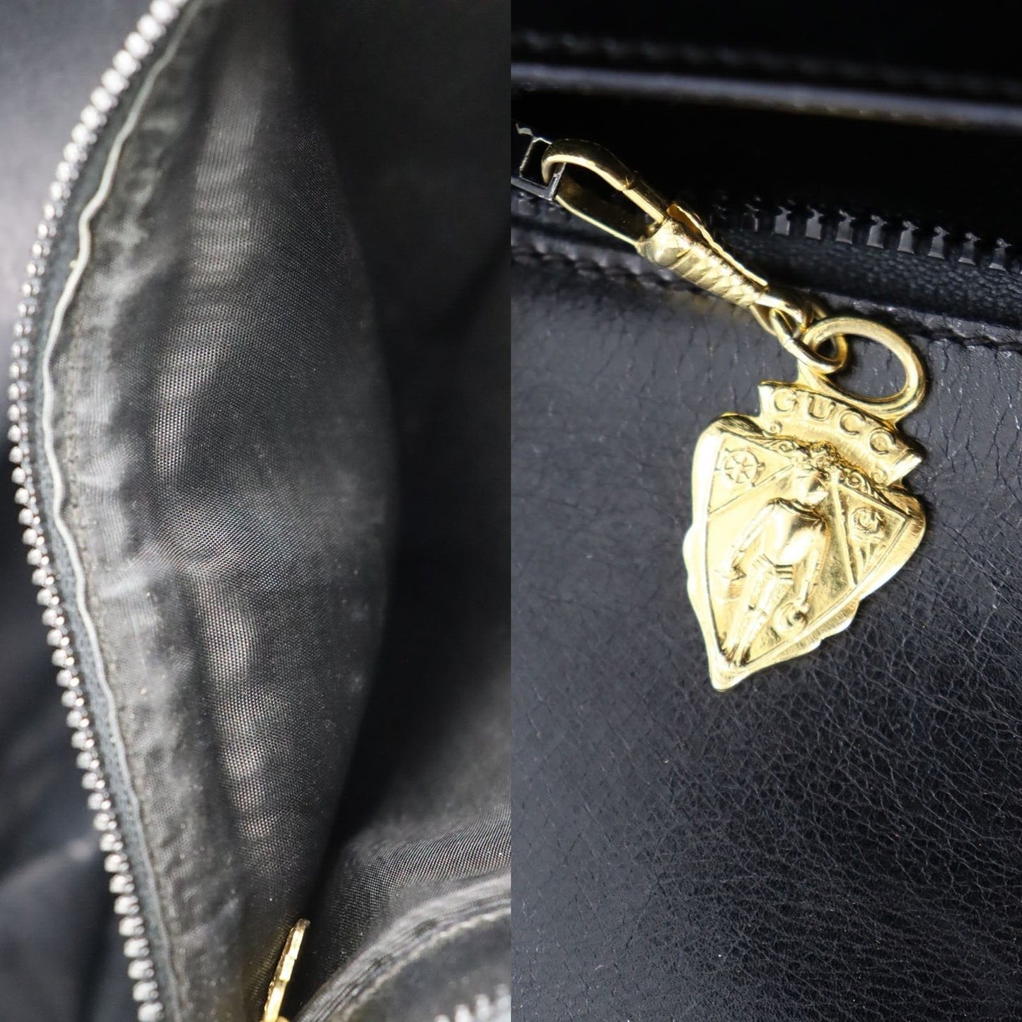 Vintage, navy leather, Gucci shoulder bag with XL gold & tan leather horsebit accent with cut-out & 'GUCCI' engraved on top