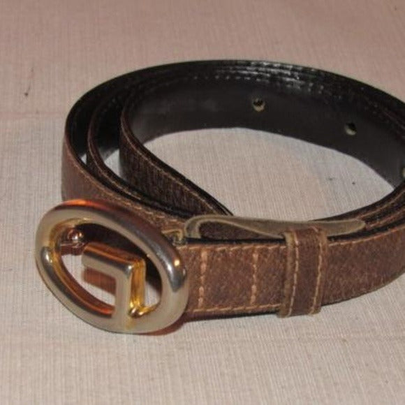 Gucci Vintage Brown Leather Belt w Gold GG Logo Buckle