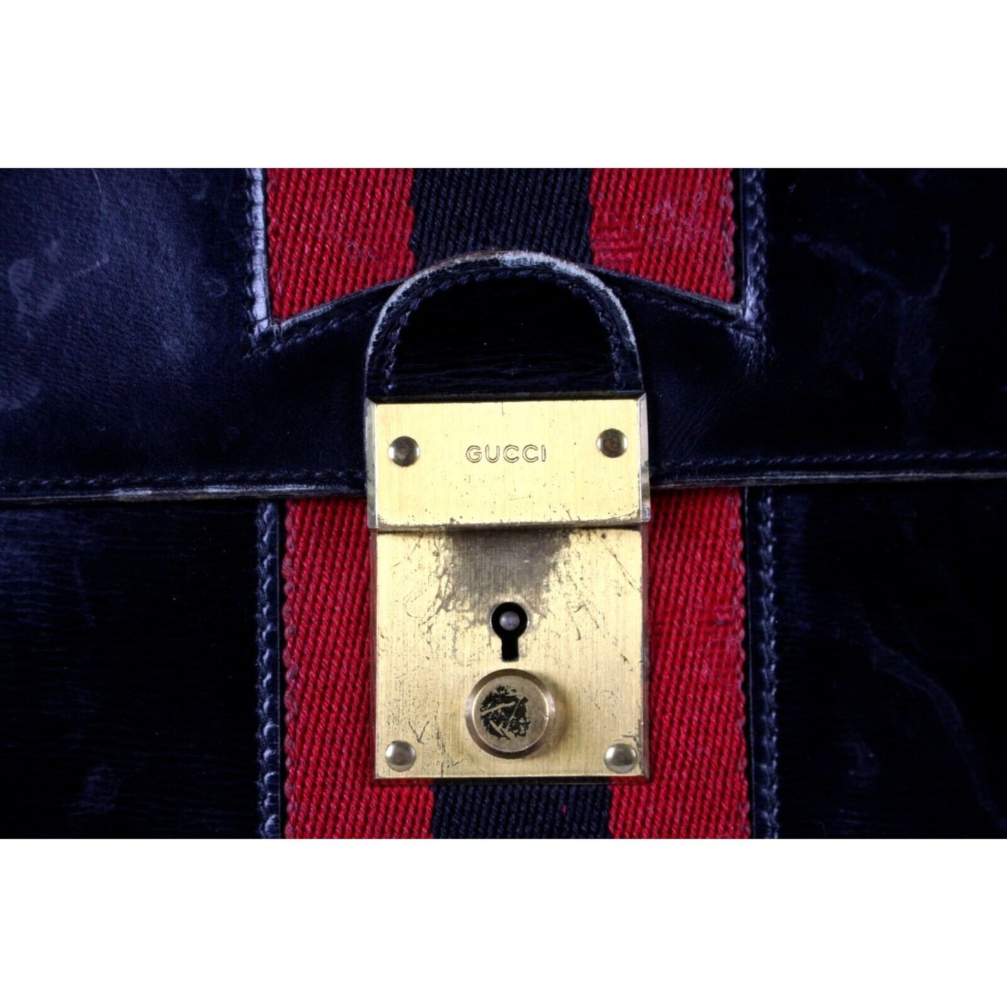Vintage, Gucci, midnight blue leather, clutch, portfolio, or tablet holder with a wide, red and navy Sherry stripe