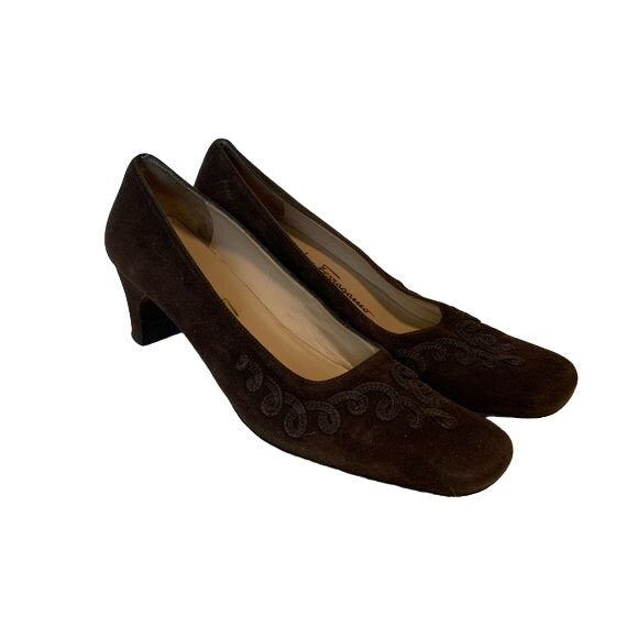 Ferragamo Brown Suede Pumps w Brocade Design