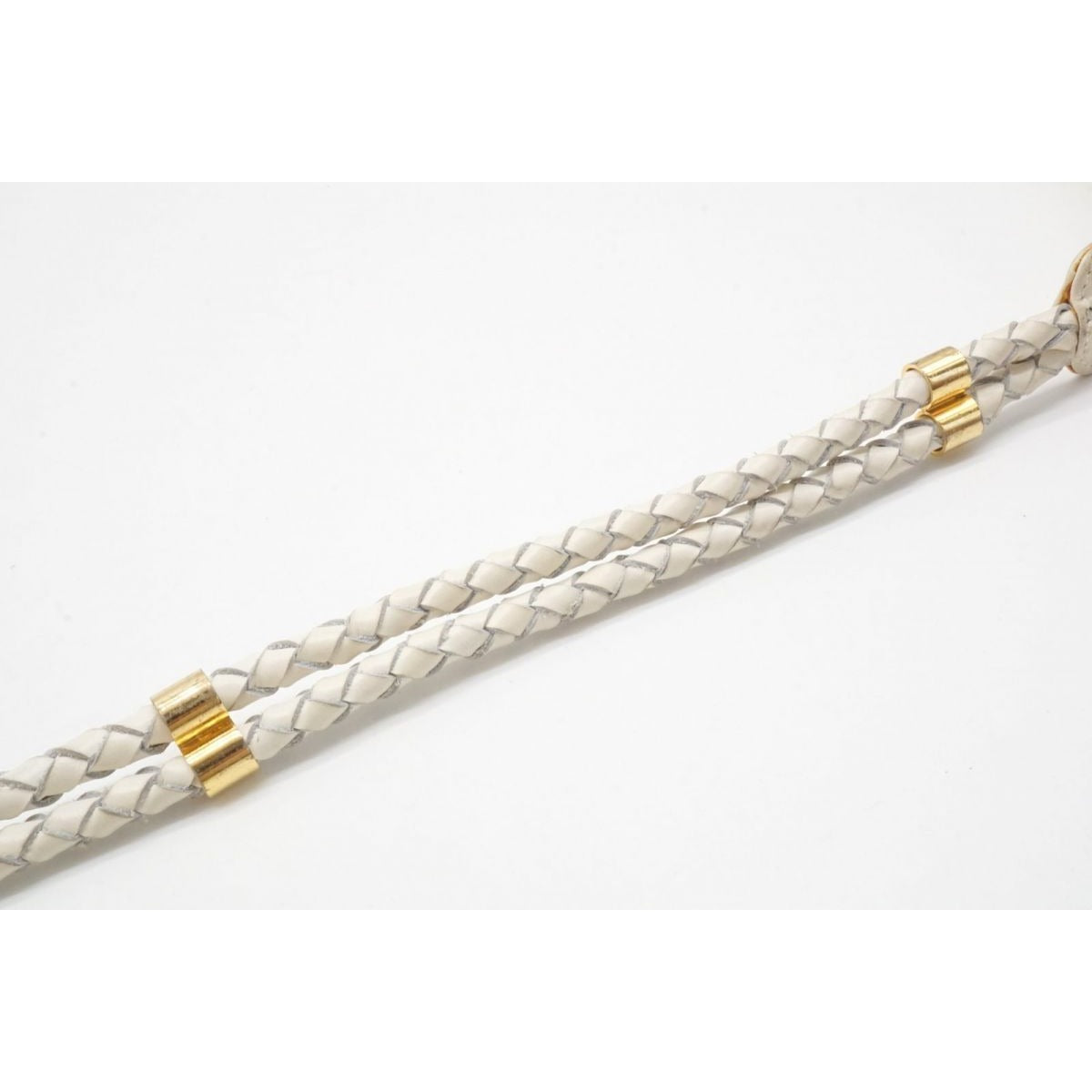 vintage, Gucci, size 80/32, white leather belt with a round, gold buckle with red and blue enamel & two braided leather strands