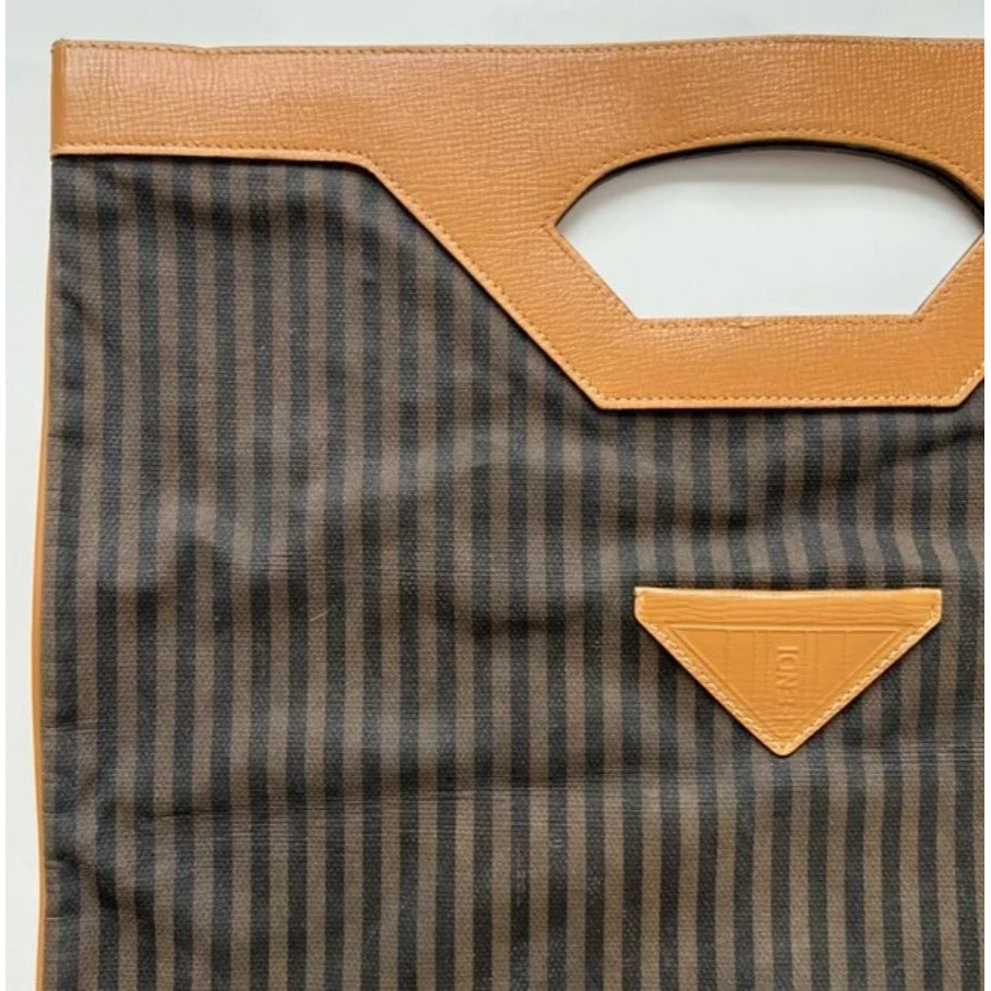 Fendi regimental stripe canvas & camel leather tote