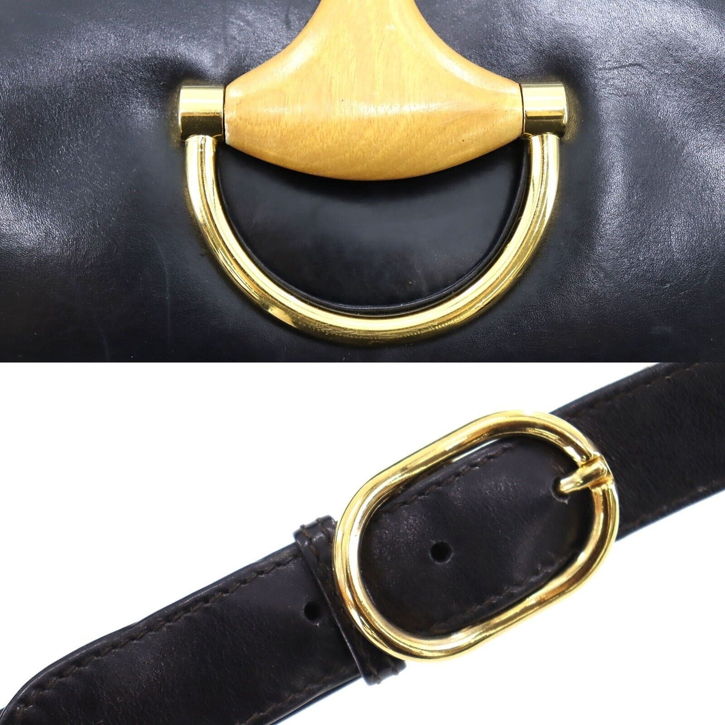 Vintage, navy leather, Gucci shoulder bag with XL gold & tan leather horsebit accent with cut-out & 'GUCCI' engraved on top