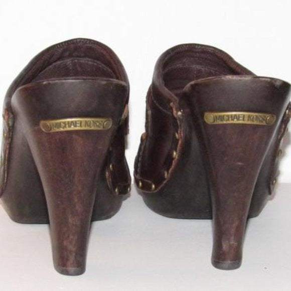 Michael Kors Brown Leather Gold Rivets Mule Slides