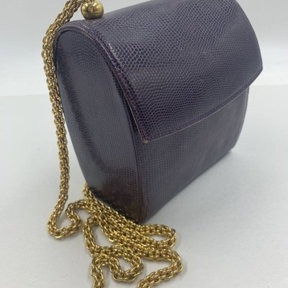 Henri Bendel Purple Reptile Boxy Purse w Gold Chain Strap
