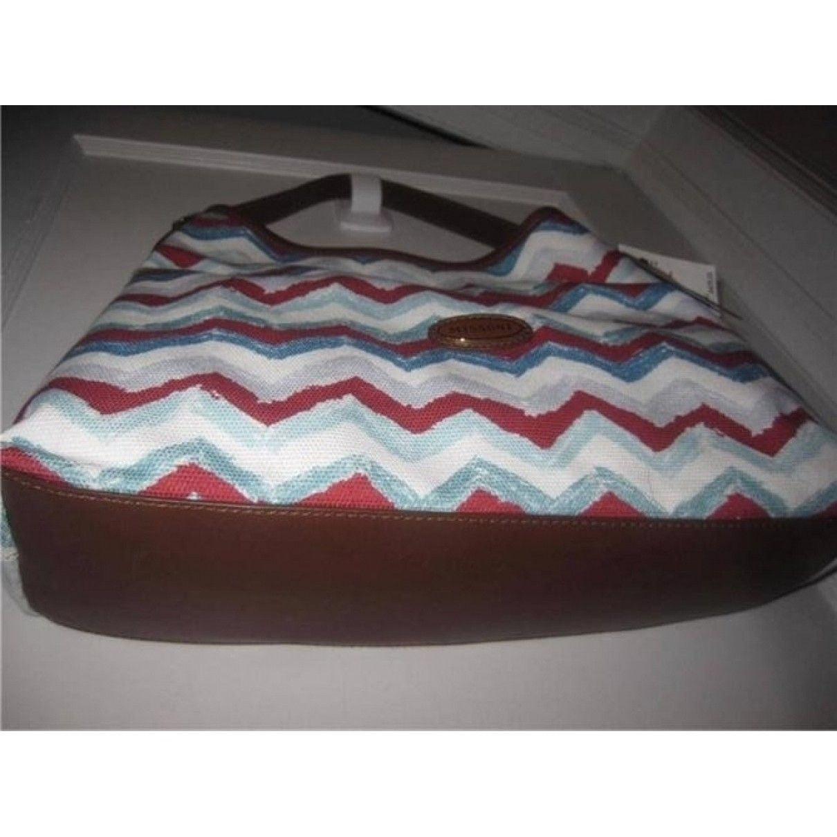 AMAZING, Missoni, NWT, red/white/blue chevron print canvas and tan leather shoulder bag