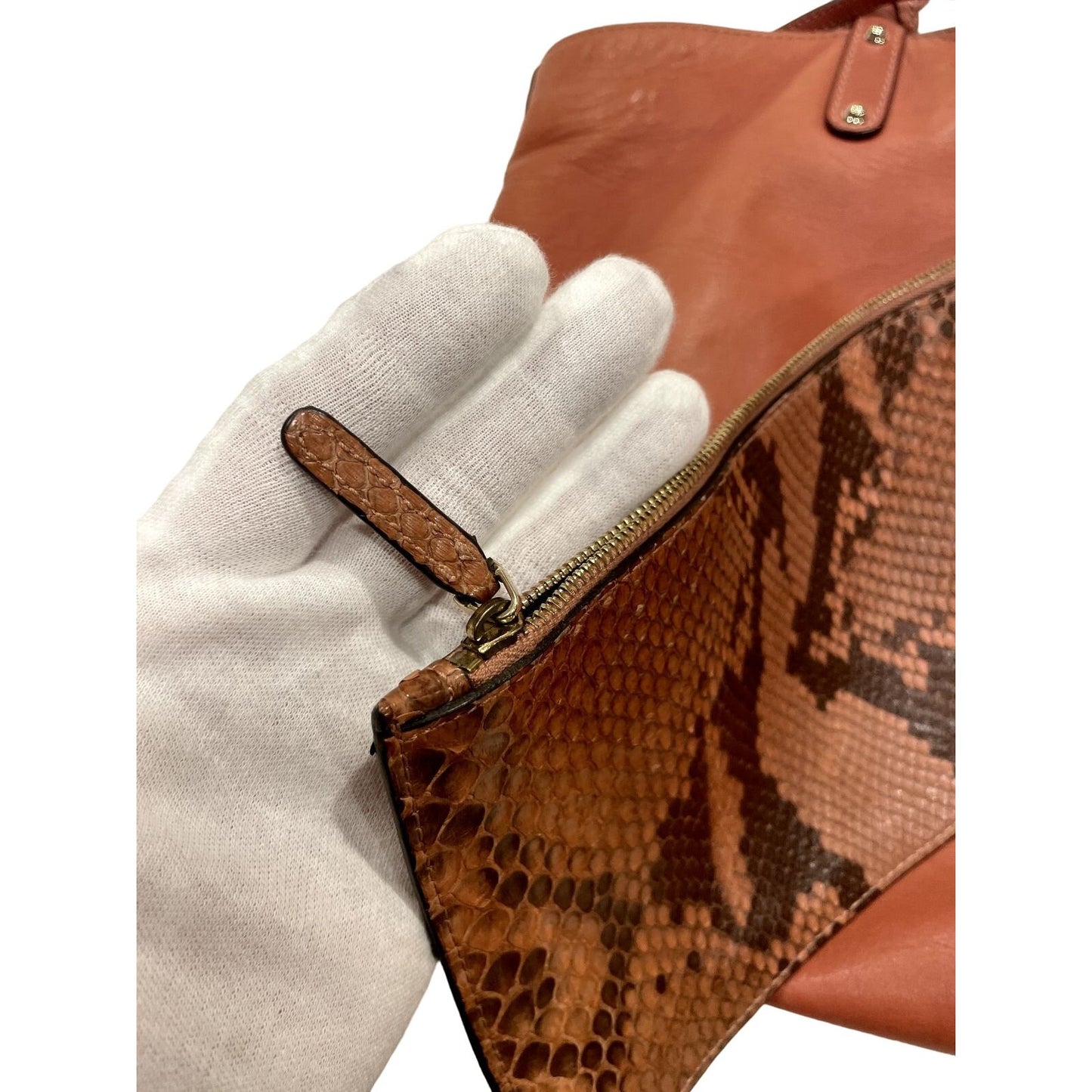 Gucci caramel leather craft XL tote with a python wallet, braided handles, & 'Made in Italy by Gucci' embossed on the front