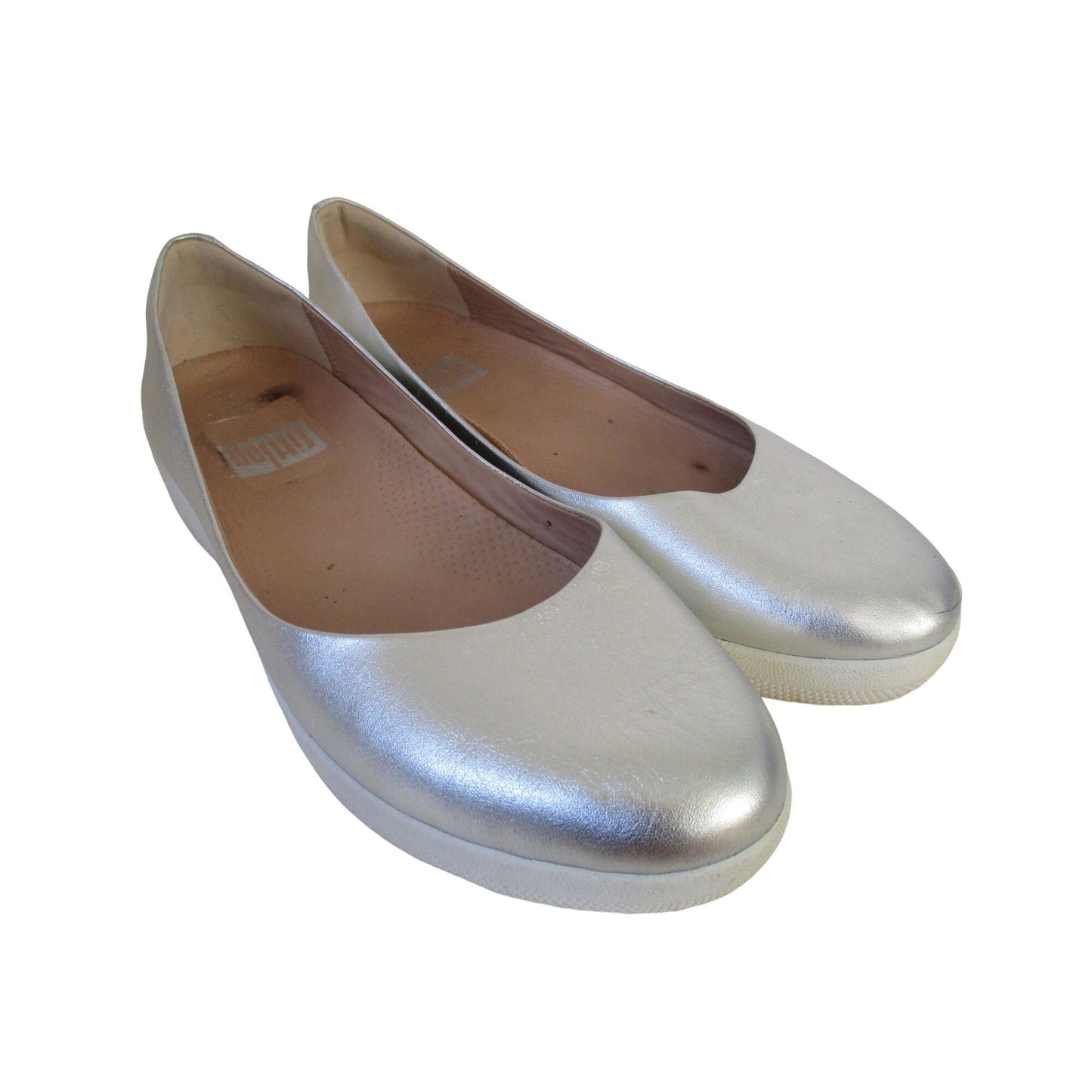 FitFlop silver leather, size 7, flats with white rubber soles