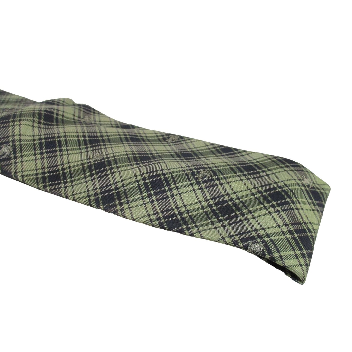 Vintage Burberry's of London tie made of 100% silk with an iconic plaid print with knights in shades of blue, yellow, and green