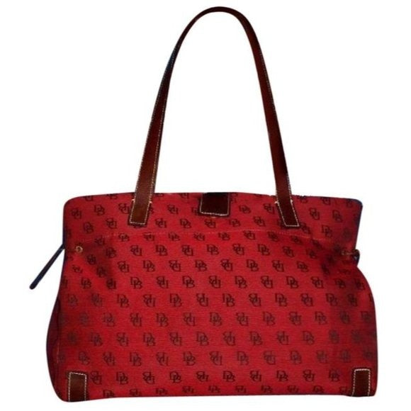 Dooney And Bourke Dark Red And Brown Canvas DB Logo Print Purse