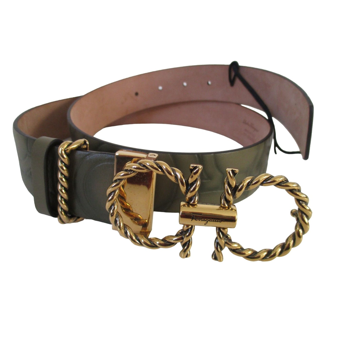 NWT Ferragamo Double Gancini Logo Green Leather Belt