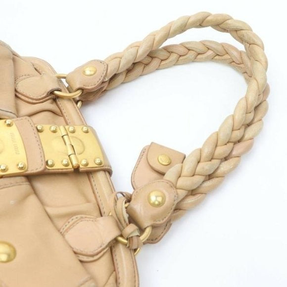 Miu Miu Tan Pleated Matelasse Leather Top Handle Satchel With Locking Clasp & Key