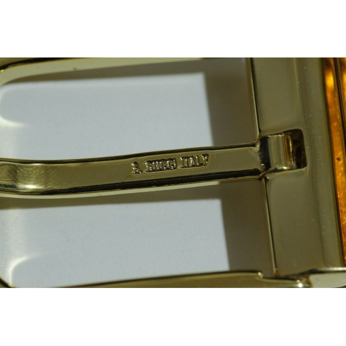 Vintage, NOS, Gucci, brown or black leather, 38" - 42", reversible belt with a removable, rectangular, gold tone buckle with red and green