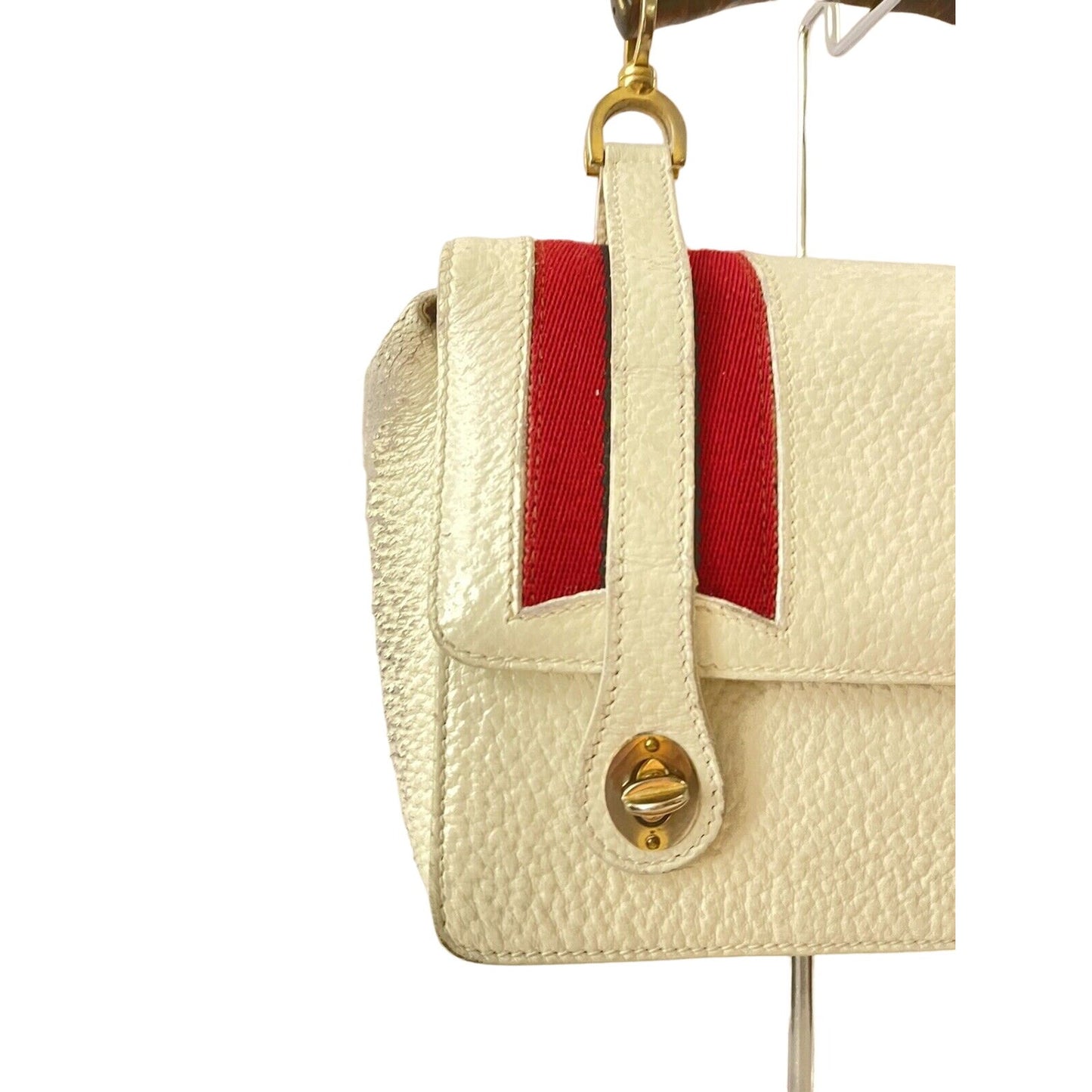 RARE Gucci white leather lunchbox bamboo bag w red & blue stripes