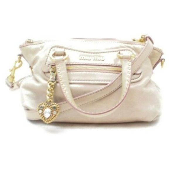 Miu Miu Vitello Lux Crystal Heart Pink Leather Two Way Satchel Cross Body Bag