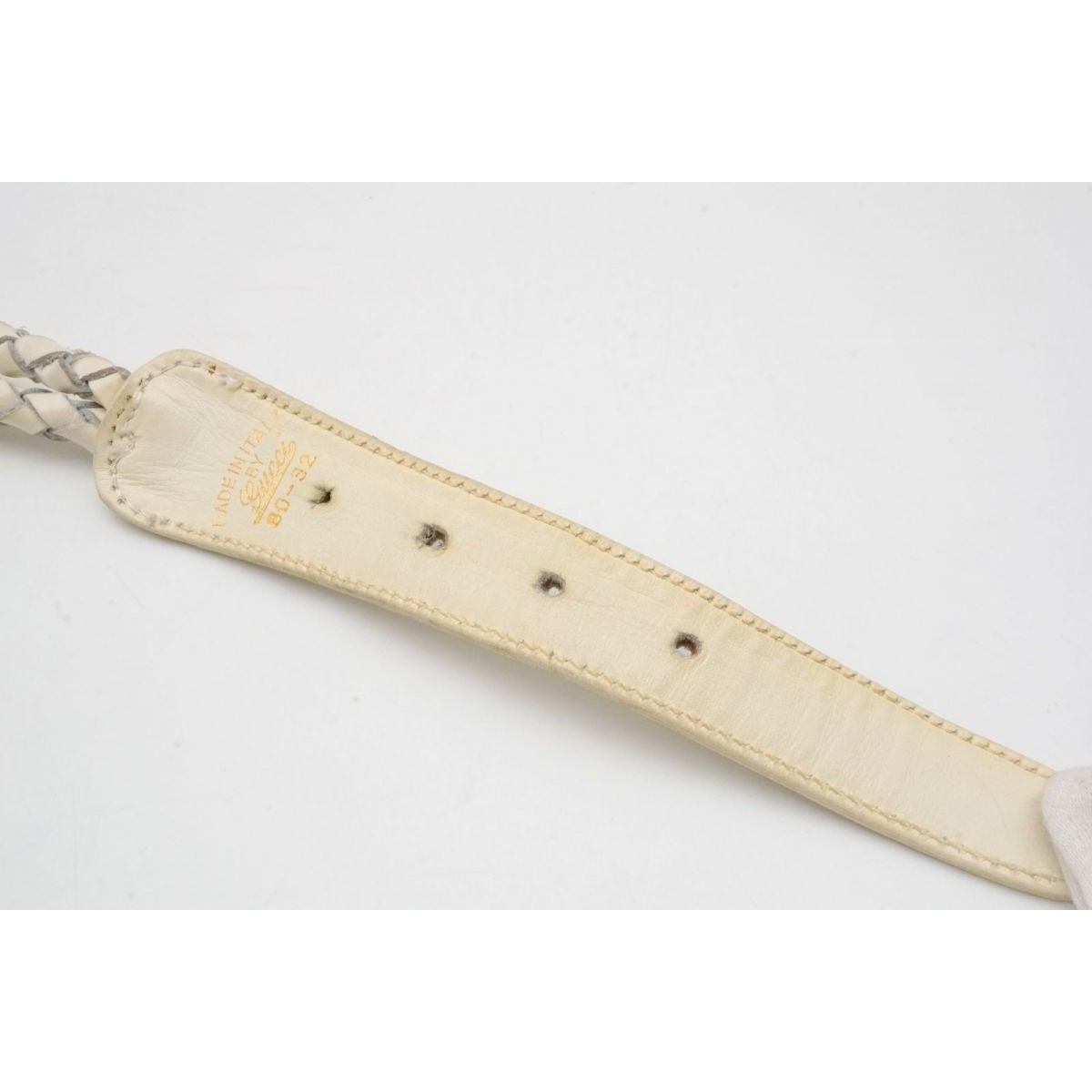 vintage, Gucci, size 80/32, white leather belt with a round, gold buckle with red and blue enamel & two braided leather strands
