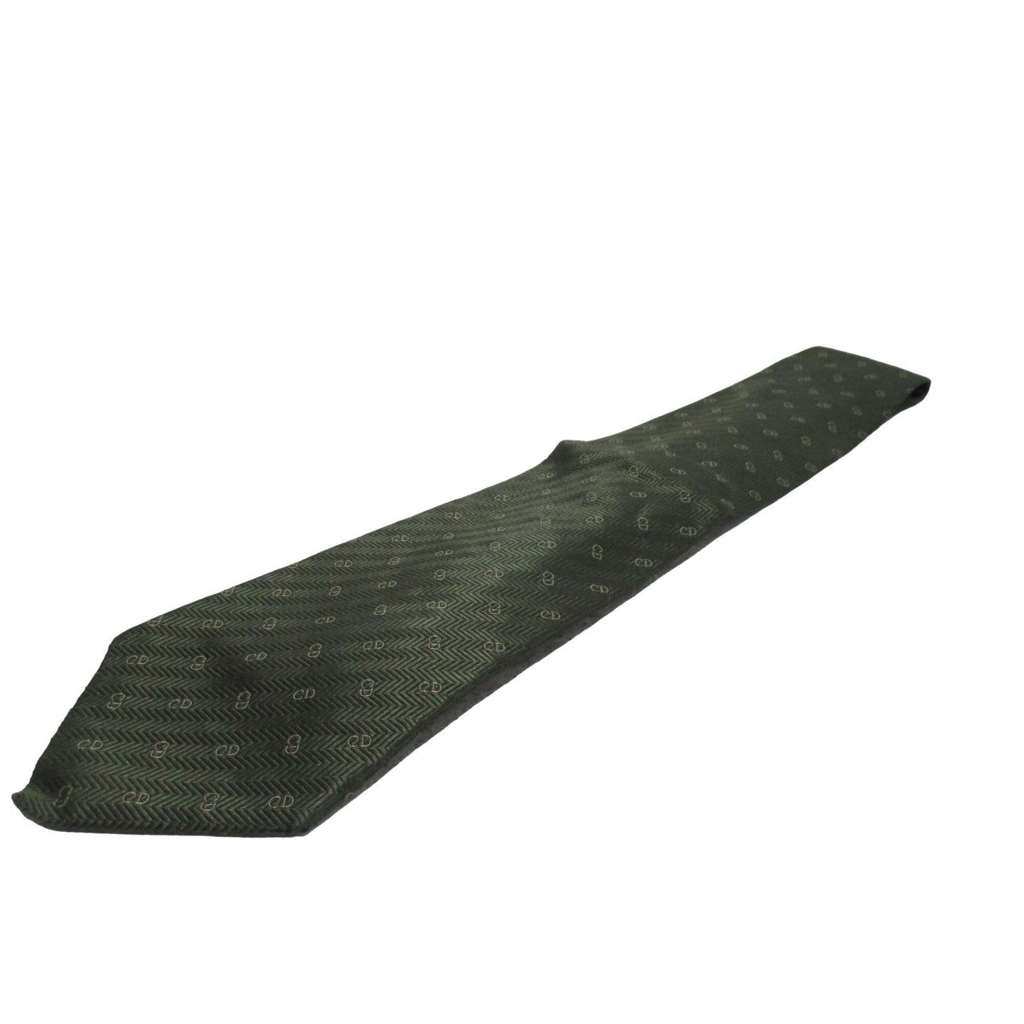 Vintage Christian Dior tie made of 100% textured, olive green silk with a logo print in shades of tan