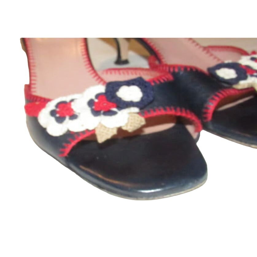 Prada navy & red leather kitten heels w crochet floral accents